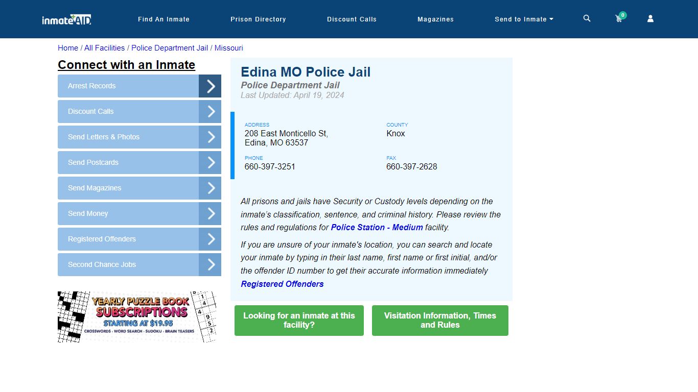 Edina MO Police Jail - Arrests Warrants - InmateAid